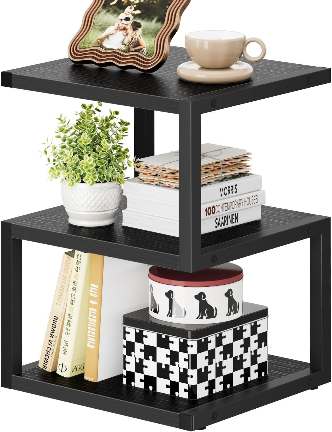 3-Tier S-Shape Side Table with Storage | Compact Black Nightstand 40x30x55cm