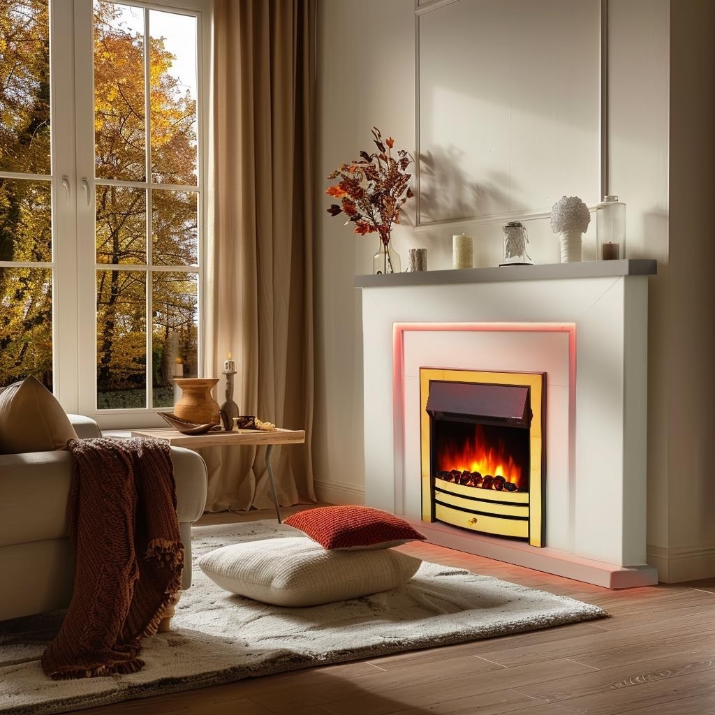42" Electric Fireplace Suite with Brass Trim, Flame Effect & Remote Control