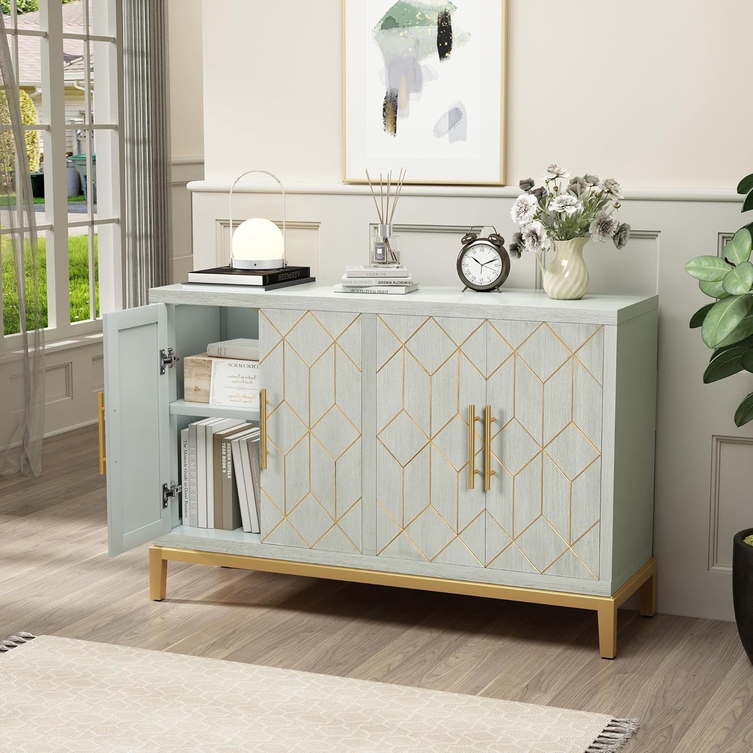 Luxury 4 Door Sideboard Cabinet Storage Unit Gold Trim Buffet Cupboard