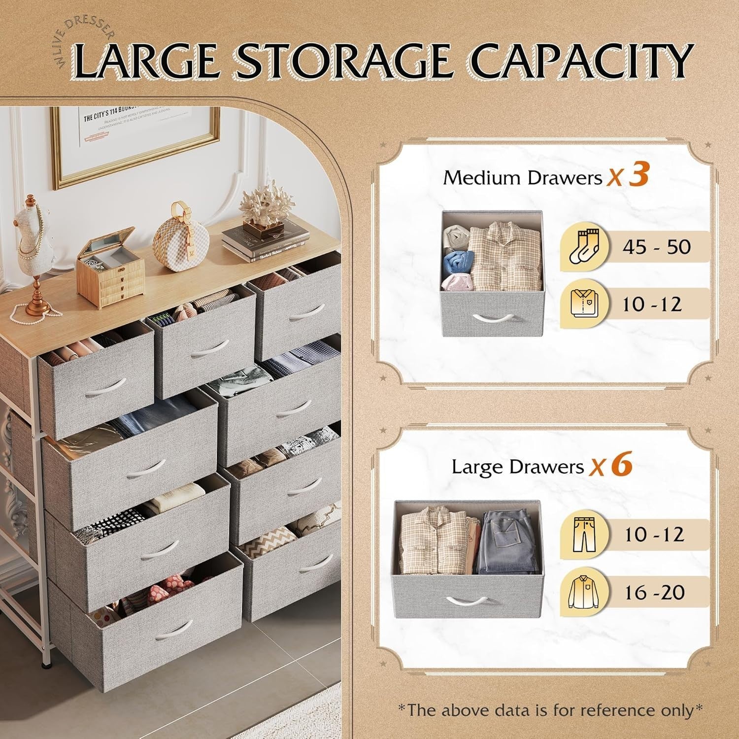 9 Drawer Fabric Chest Storage Cabinet with Wood Top Steel Frame Organizer
