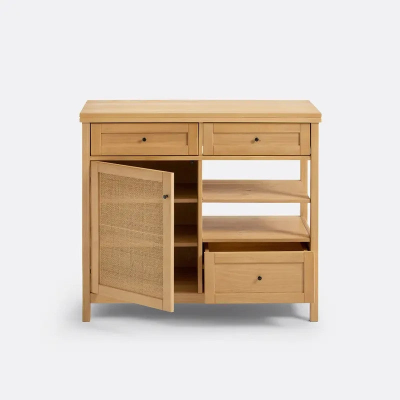 Solid Pine & Rattan Storage Cabinet with Drawers & Shelves