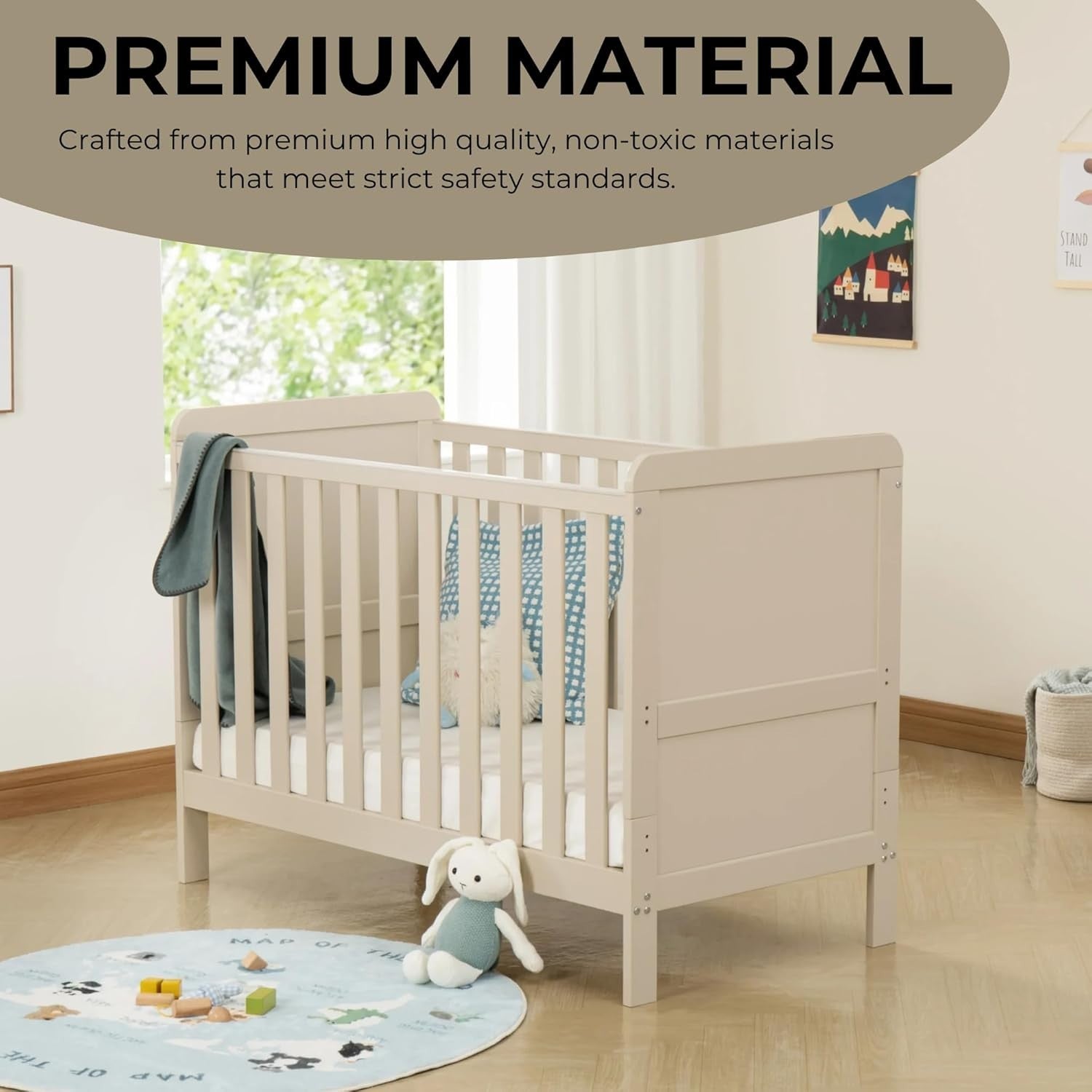 Convertible Mini Baby Cot Bed Toddler Bed Adjustable Height with Teething Rails