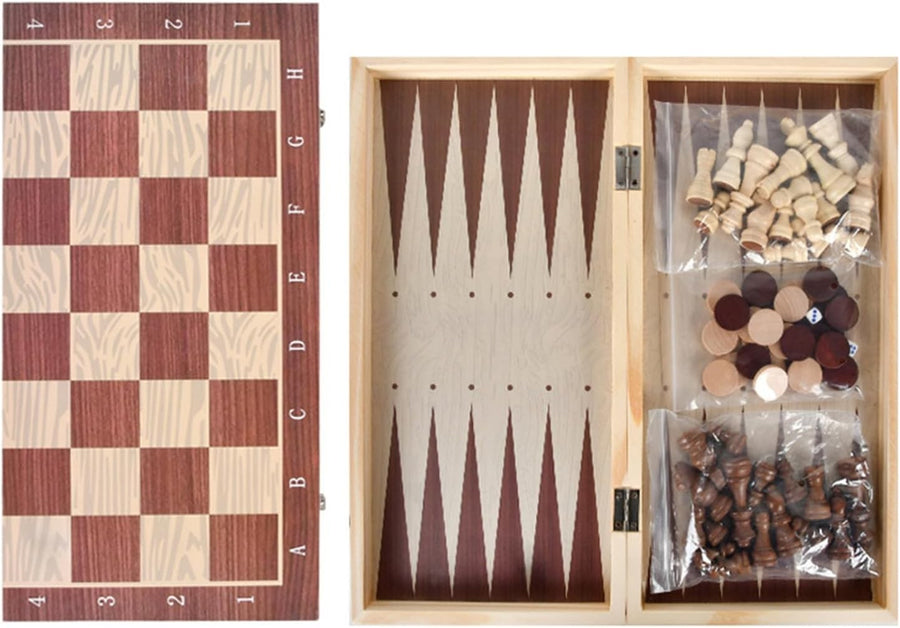 3 in 1 Wooden Chess Checkers Backgammon Set Folding Travel Board Game