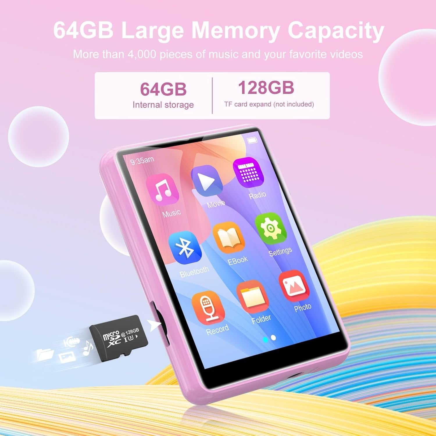 64GB Bluetooth MP3 Player Pink 2.4" Touchscreen HiFi FM