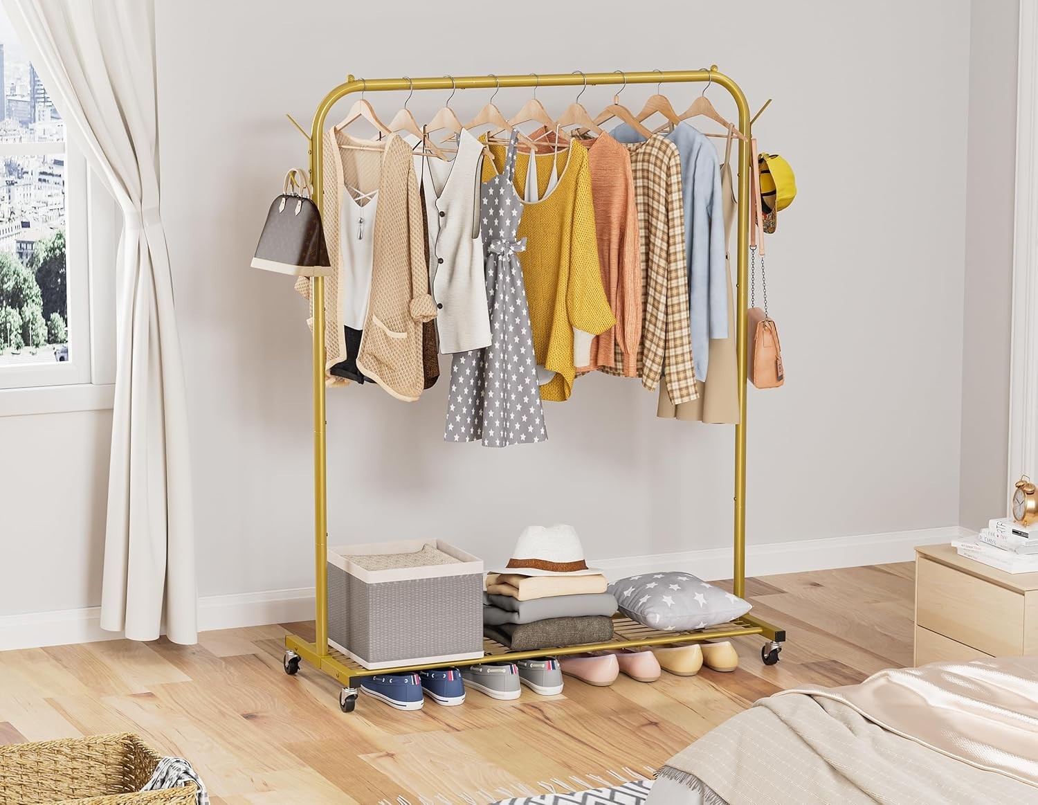 Portable Gold Clothes Rail 40KG Rack With Wheels Shelf & Hooks