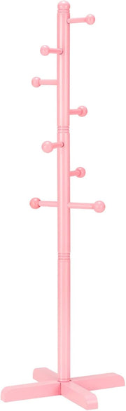 Kids Freestanding Pink Coat Rack | 8 Hooks Adjustable Wooden Tree Stand