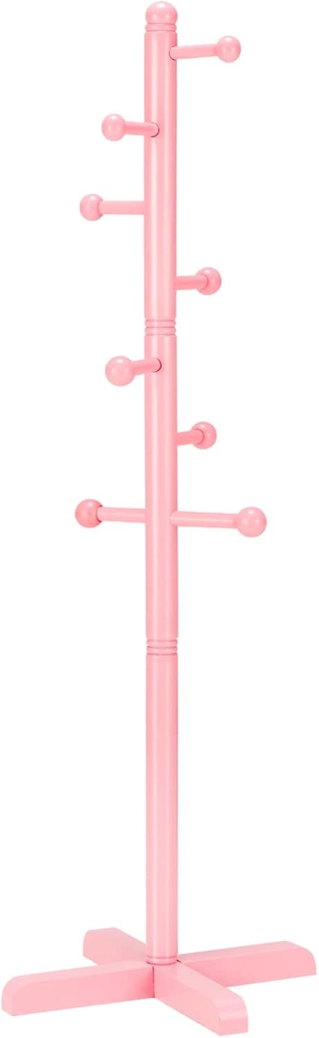 Kids Freestanding Pink Coat Rack | 8 Hooks Adjustable Wooden Tree Stand