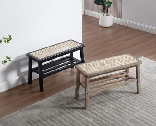 Black Mid-Century Rattan Dining Bench Ottoman with Storage Seat