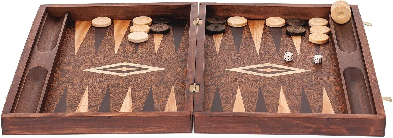 Walnut Wood Backgammon Set Large Handmade Folding Board with Storage Slots