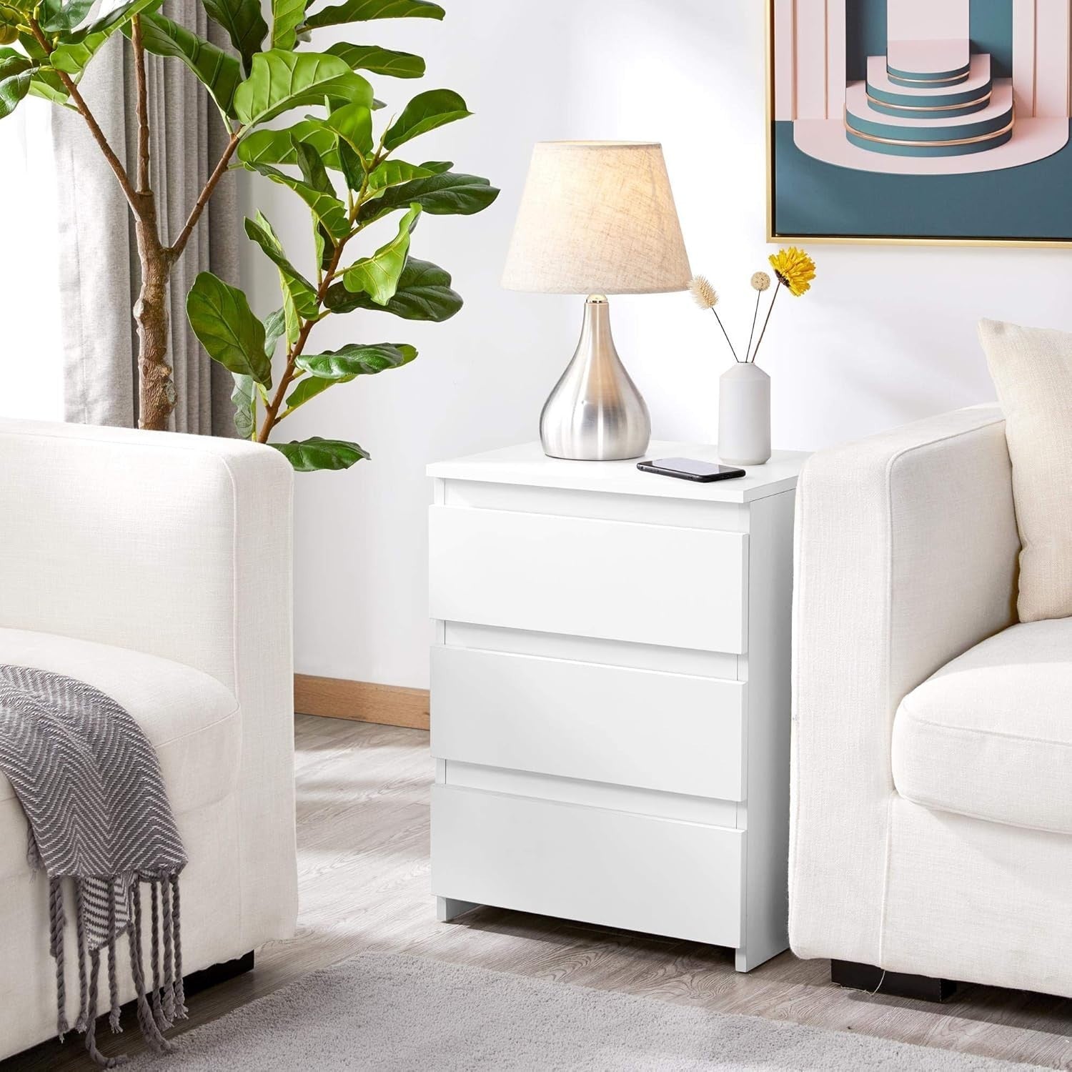 Set of 2 White Bedside Tables with Drawers Modern Wooden Nightstands Bedroom