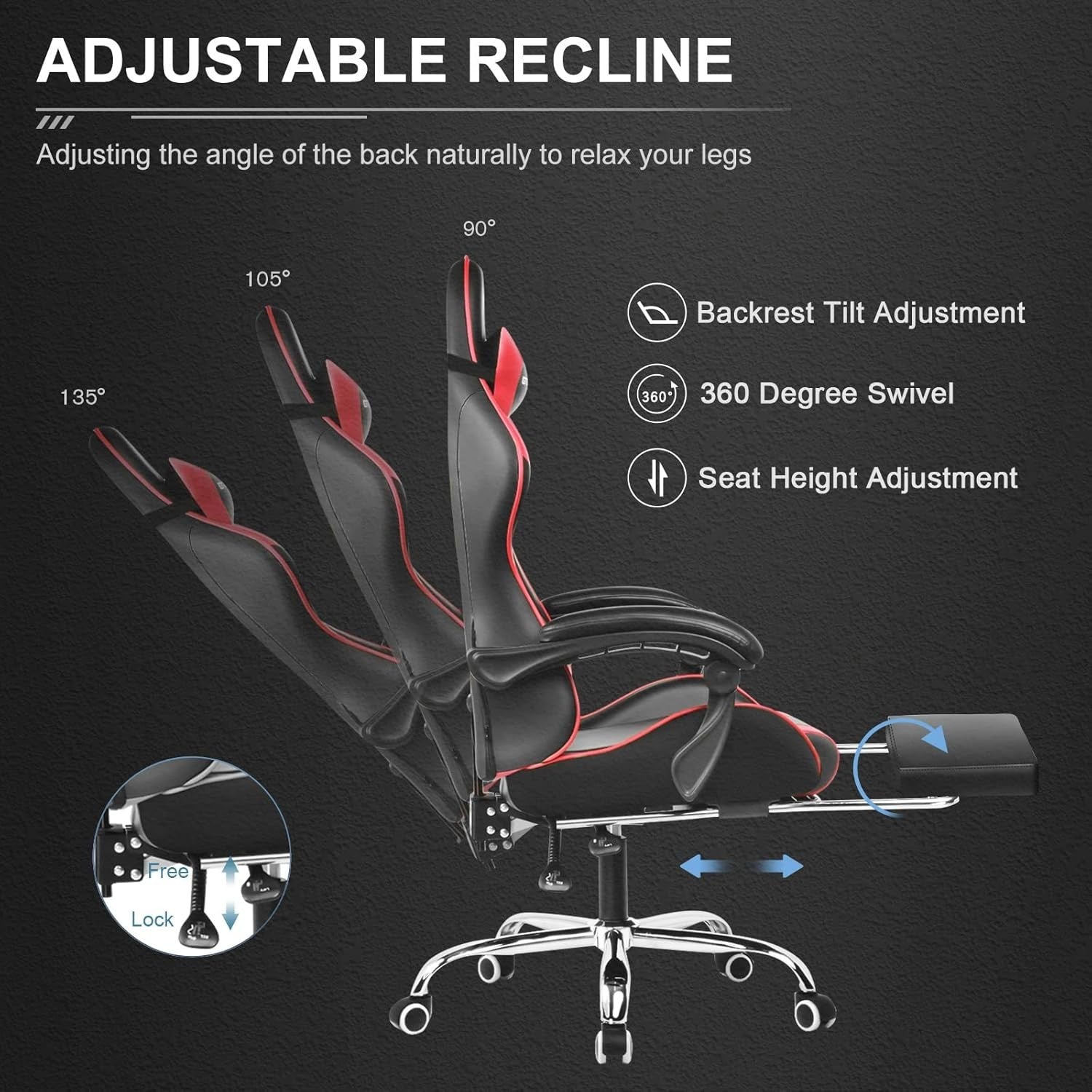 Gaming Chair Ergonomic Red Faux Leather Reclining Footrest Office PC Desk
