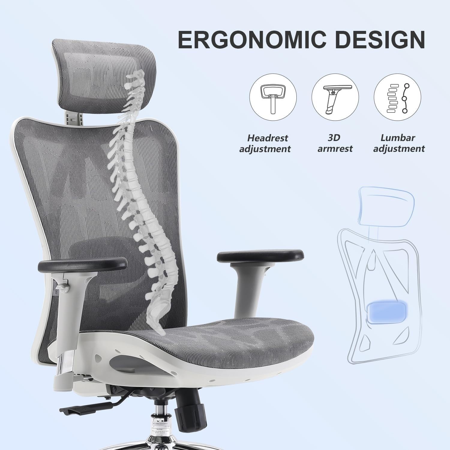 Ergonomic Office Chair Light Gray Mesh Back 3D Armrest Adjustable Headrest