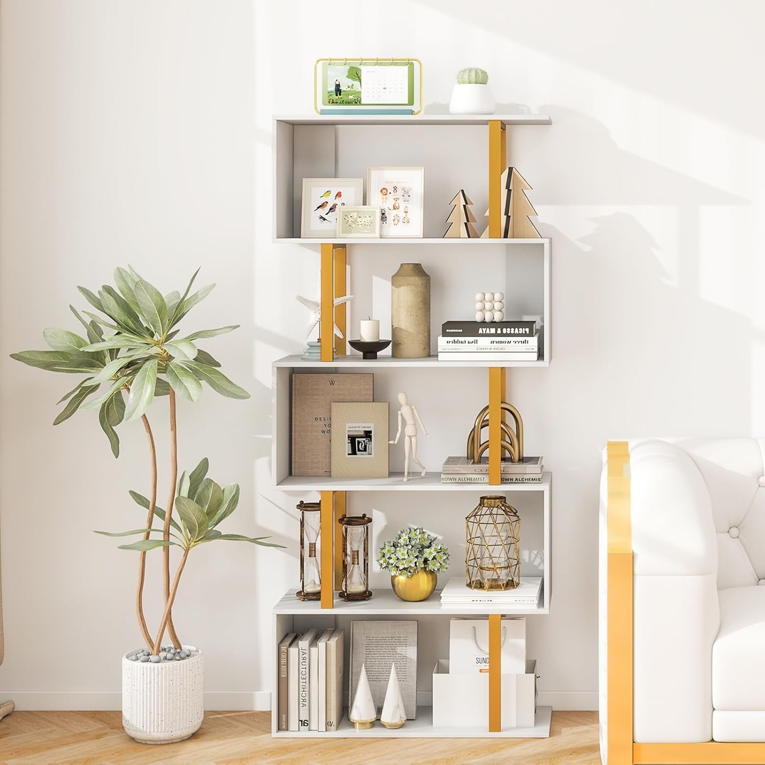 5-Tier S-Shaped Geometric Bookcase Modern Display Shelf for Living Room Office