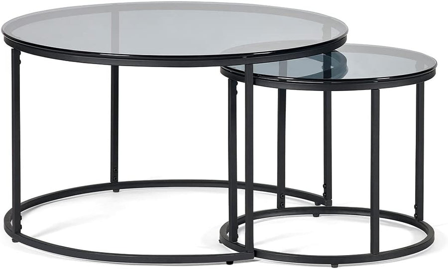 Round Nesting Coffee Tables Set of 3, Smoked Glass & Black 80x50cm