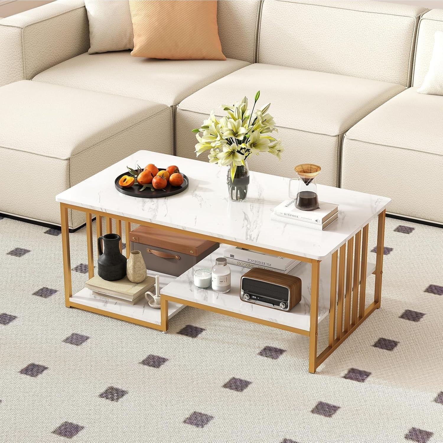 Modern Faux Marble Coffee Table 2-Tier Rectangular with Storage Shelf 110x60cm