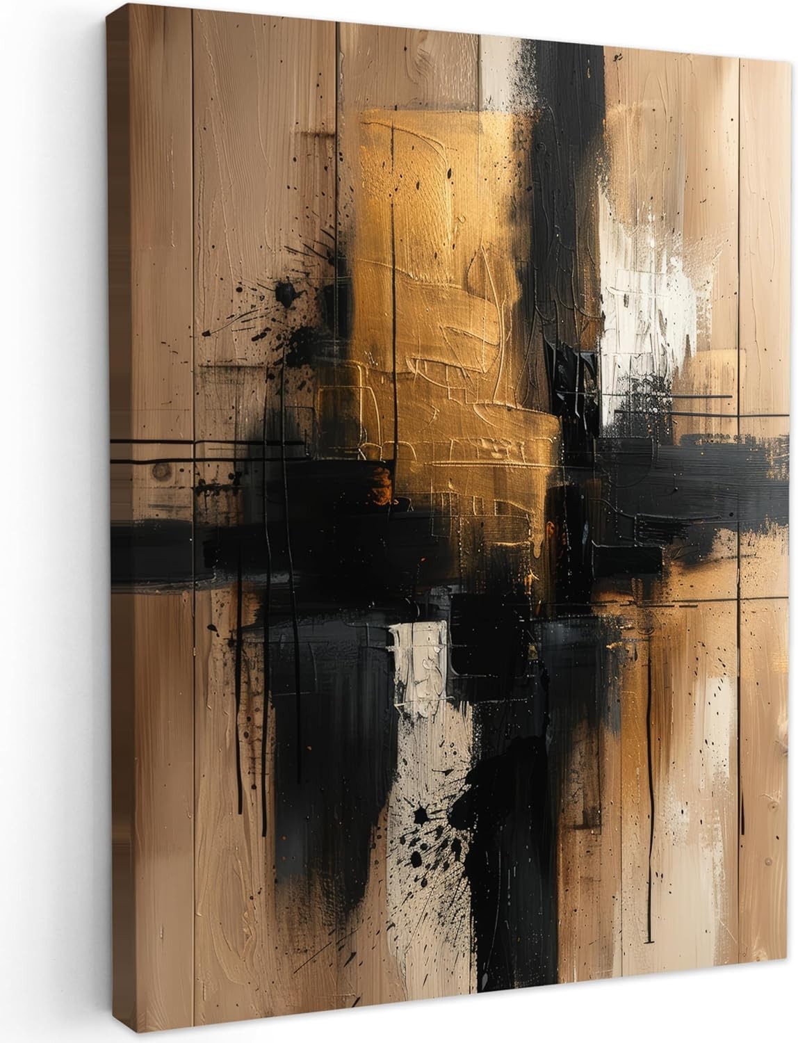 Gold Black Abstract Canvas Wall Art 50x70cm Framed Modern