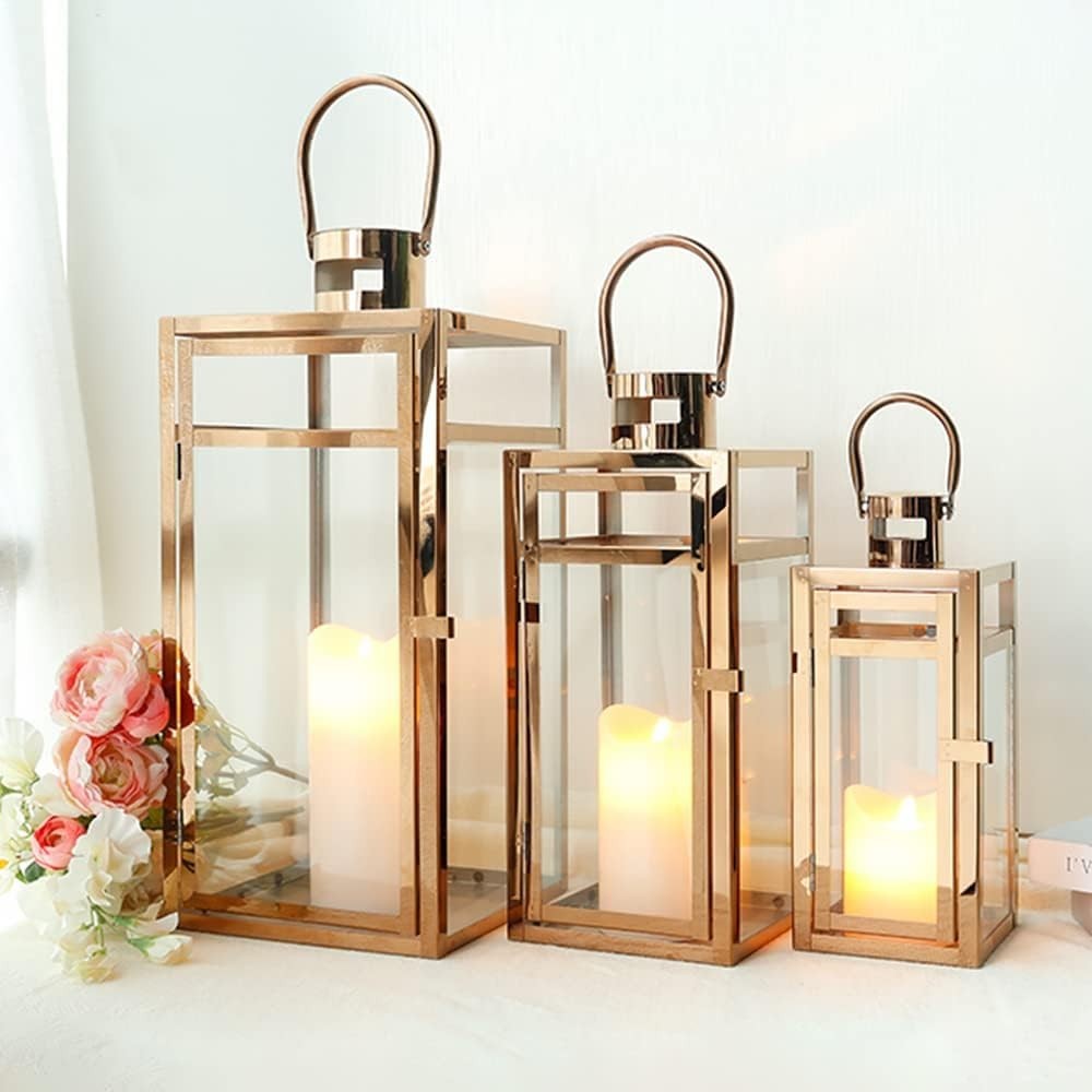 3 Pack Rose Gold Stainless Steel Candle Lanterns Indoor Outdoor