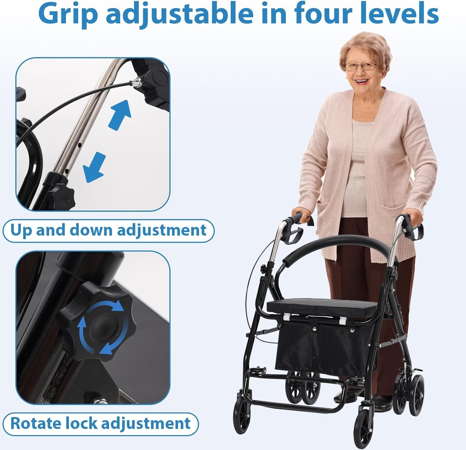 Lightweight Folding Rollator Walker with Seat 6 Wheels Lockable Brakes