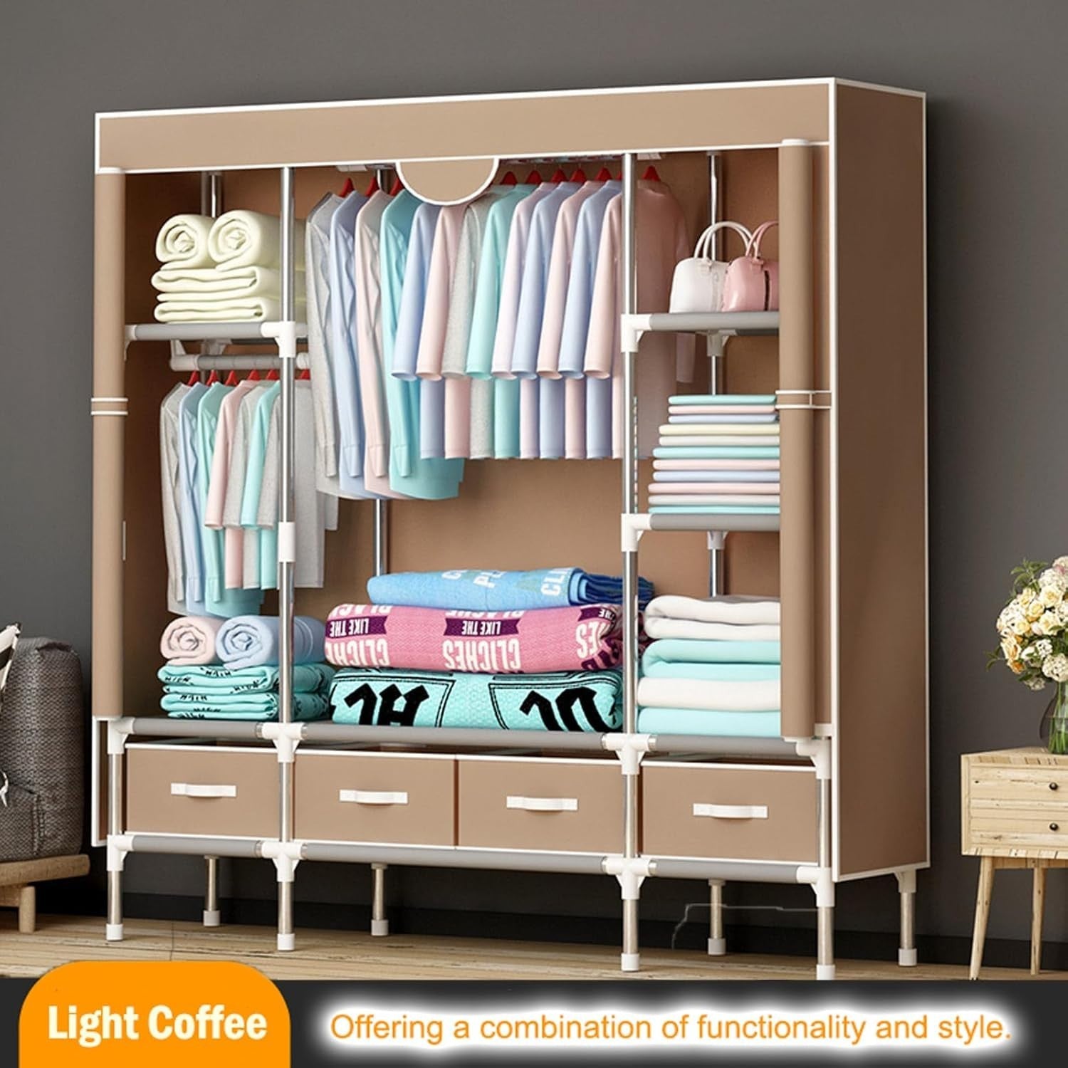 Canvas Wardrobe Storage with Drawers, Hanging Rail & Shelves – Durable, Space
