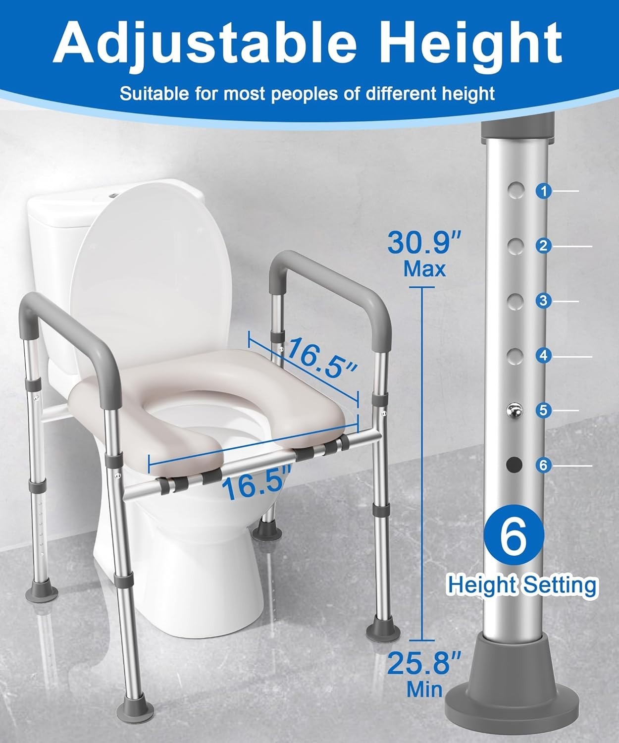 Raised Toilet Seat with Handles Height Adjustable Non-Slip 400lbs Support