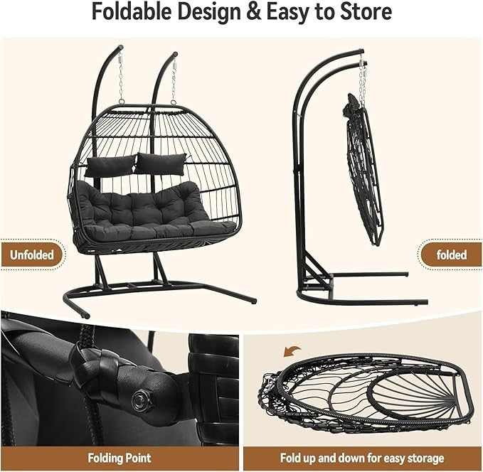 2 Seater Hanging Egg Chair with Stand – Foldable Rattan Swing Hammock