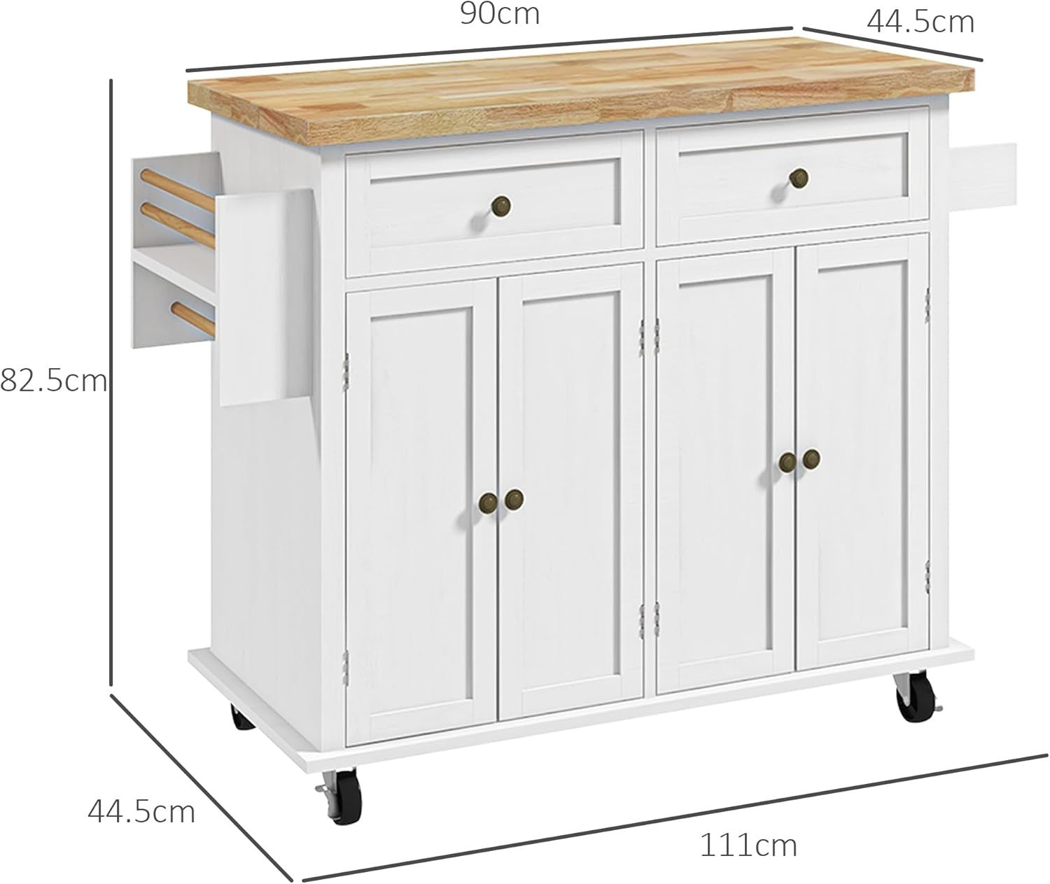 Kitchen Island Trolley on Wheels Storage Cabinet Drawers Shelves Wooden Top