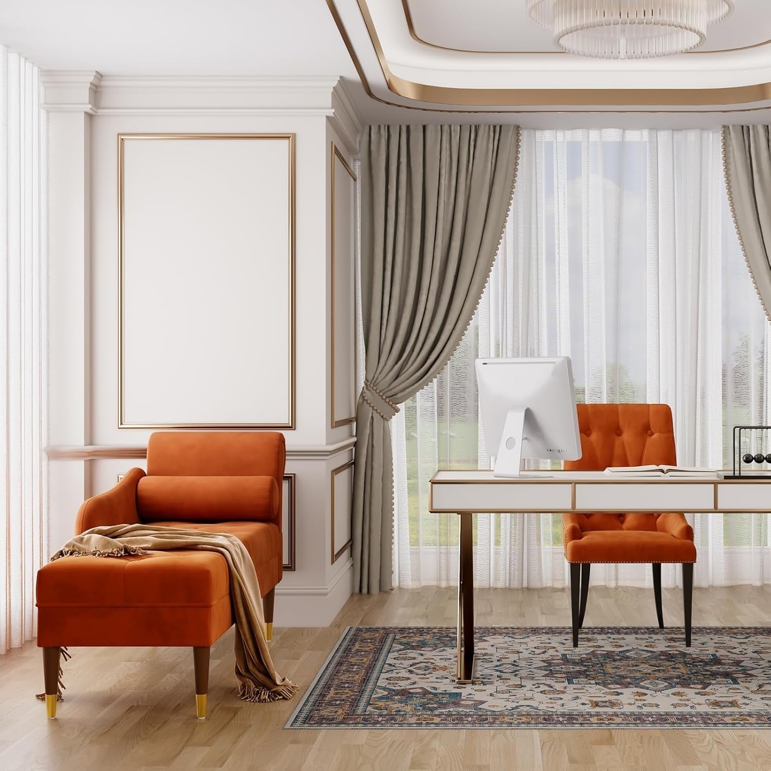 Right Armrest Velvet Chaise Lounge Orange with Lumbar Pillow & Tool-Free