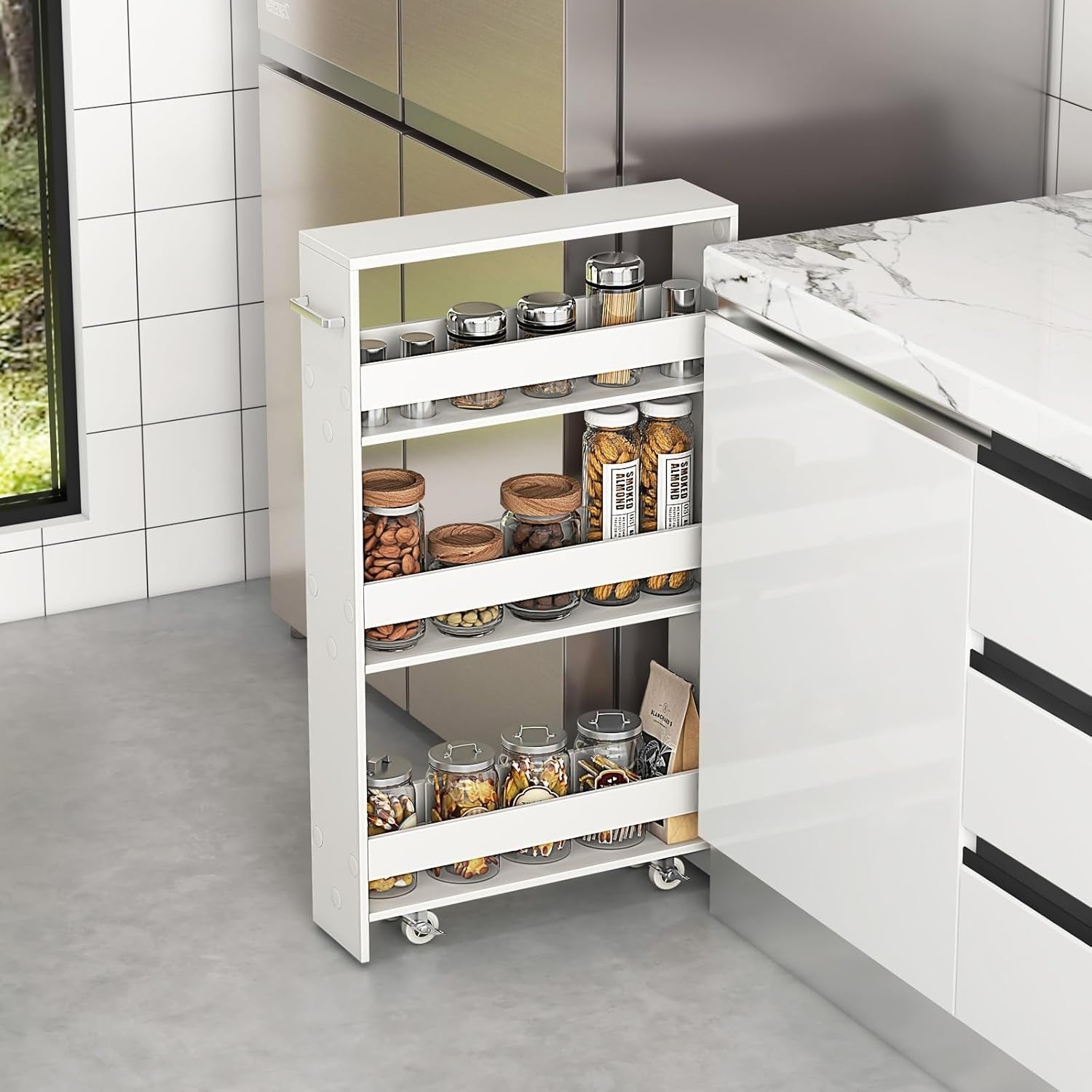 4 Tier Slim Storage Trolley Rolling Cart Narrow Kitchen Organizer White