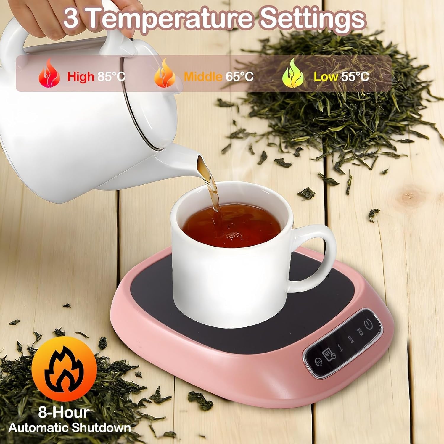Pink USB Coffee Mug Warmer 3 Temp 85°C Smart Desk Heater