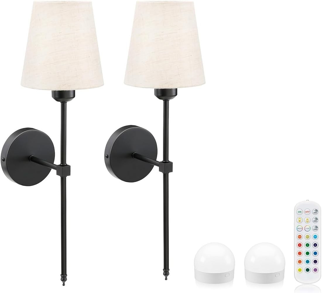 Wireless Rechargeable LED Wall Light, Dimmable, Remote, 2-Pack, Black