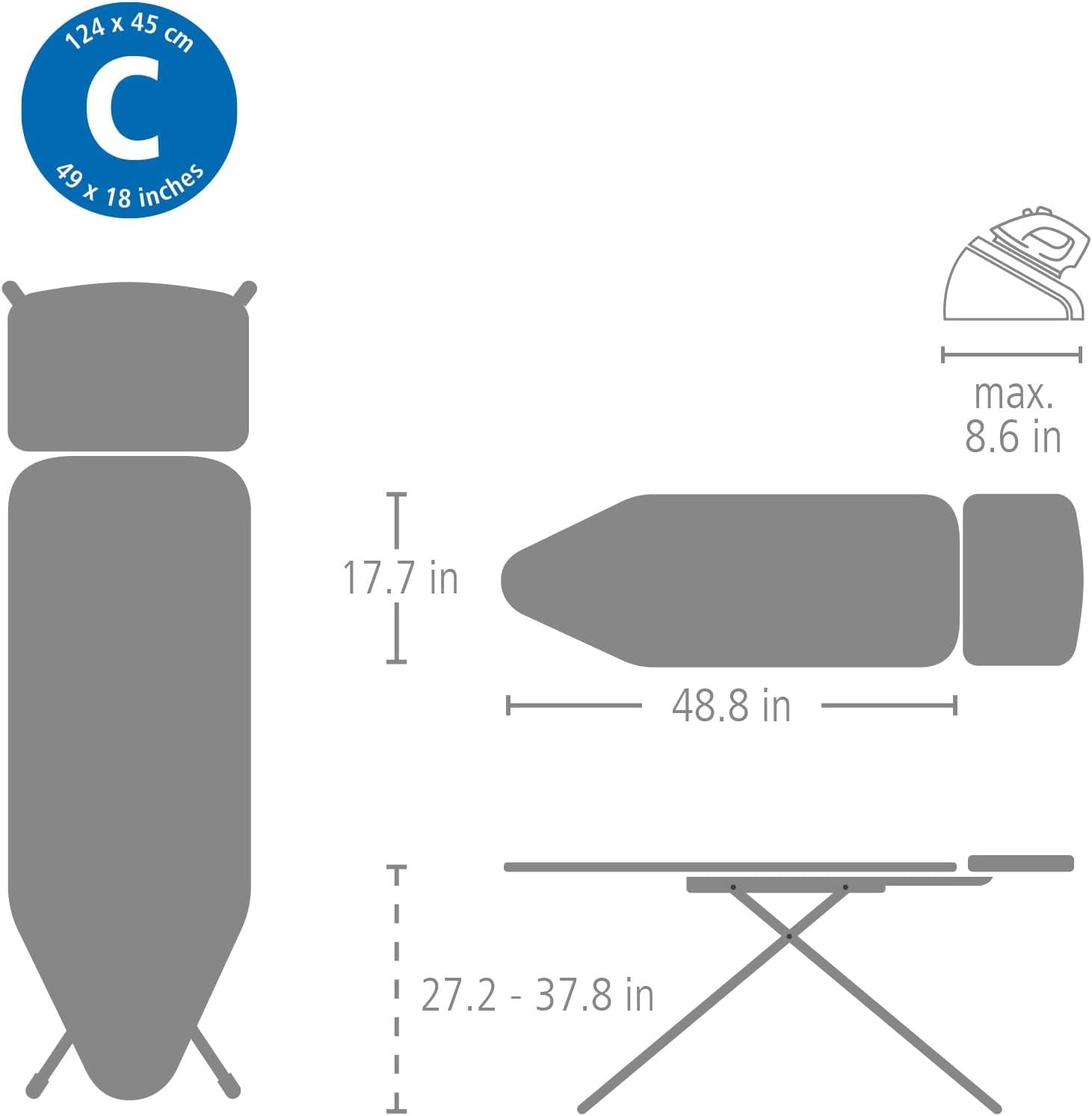 Extra Large Ironing Board 124x45cm Adjustable Height Steam Unit Holder