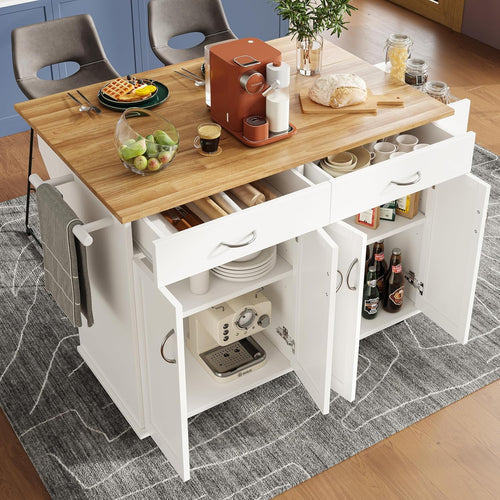 Rolling Kitchen Island Cart with Storage, Drawers & Foldable Tabletop