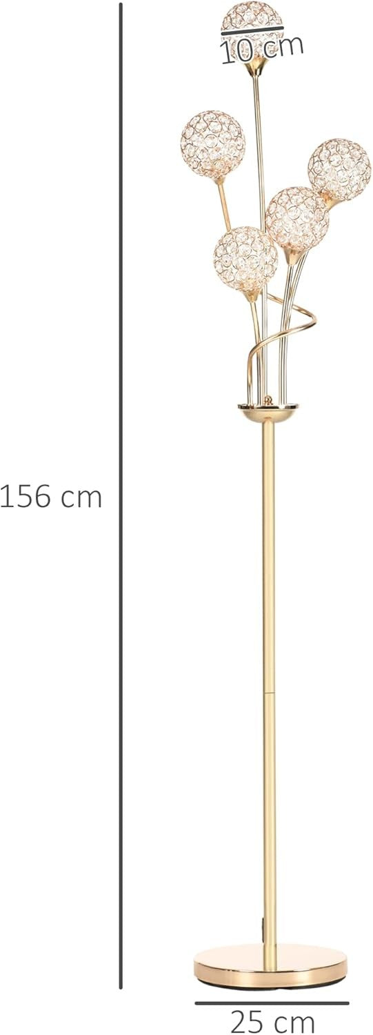 5 Light Gold Floor Lamp Modern Standing Crystal Shades Living Room Bedroom