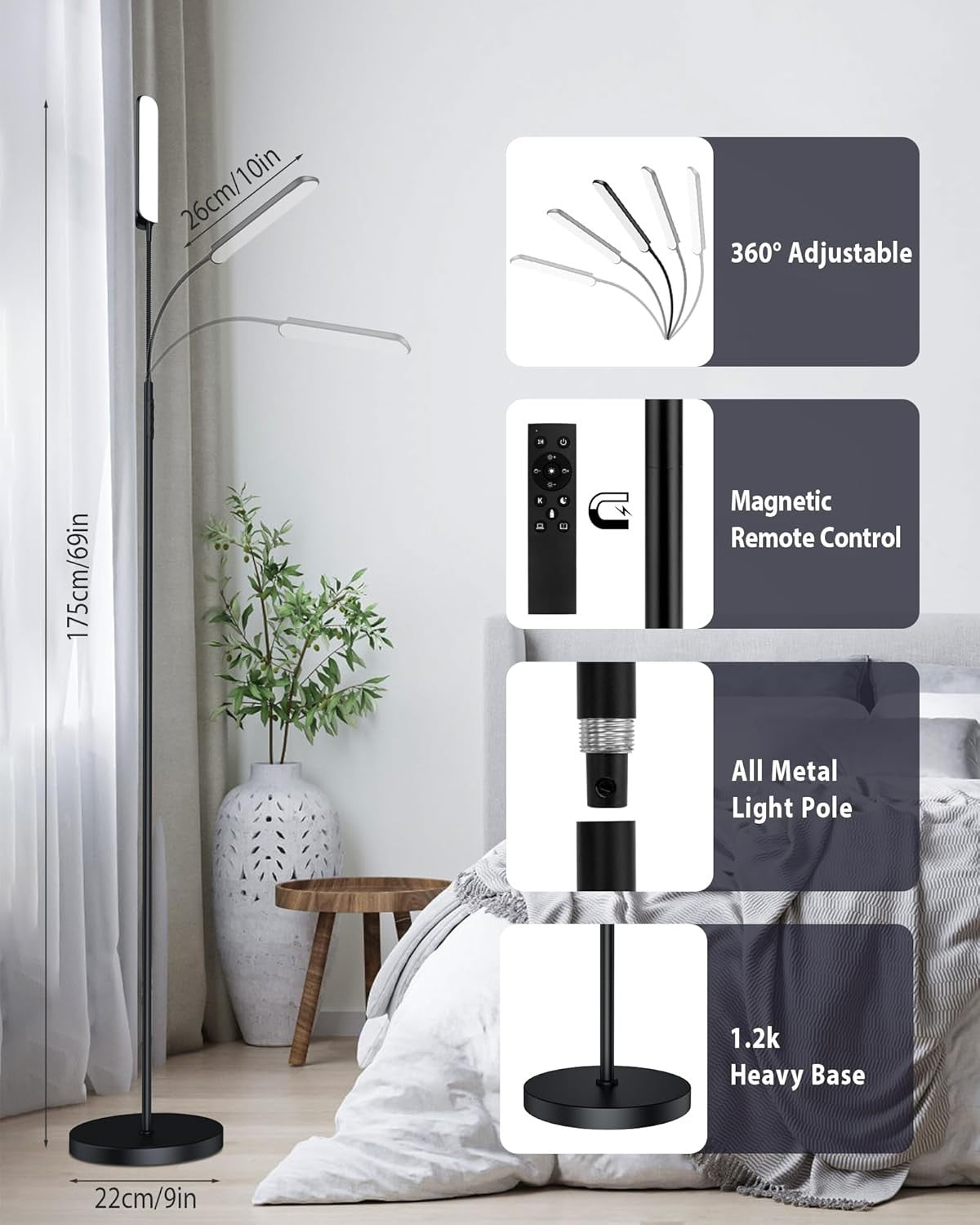 LED Floor Lamp Dimmable 18W Remote Touch Control Adjustable Reading Light
