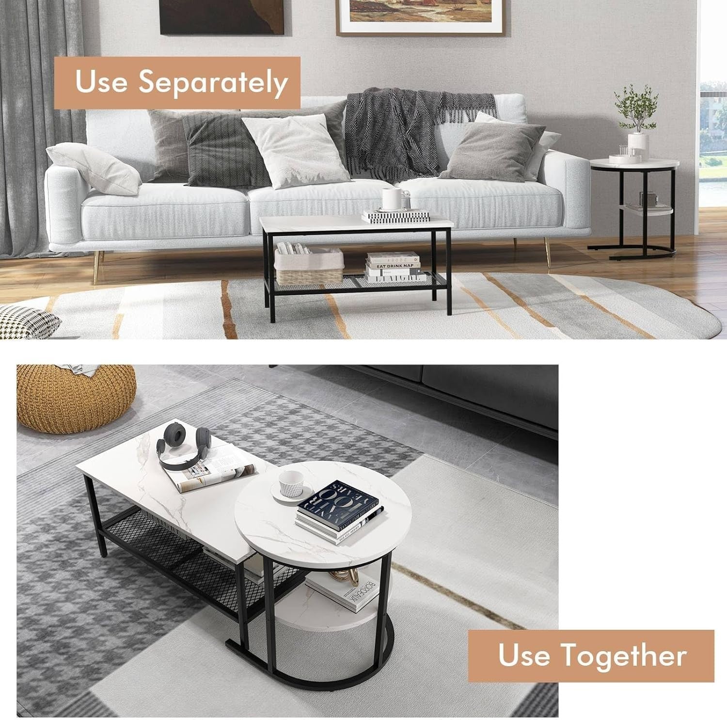Modern Coffee Table Set 2-in-1 Nesting Side End Table Storage Black + White