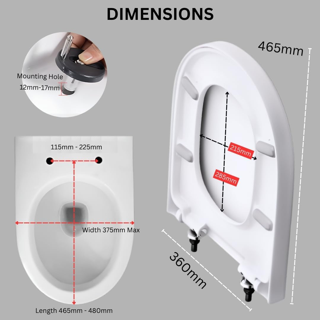 D-Shaped Toilet Seat Full Coverage Quick Release White Gloss 350x460mm