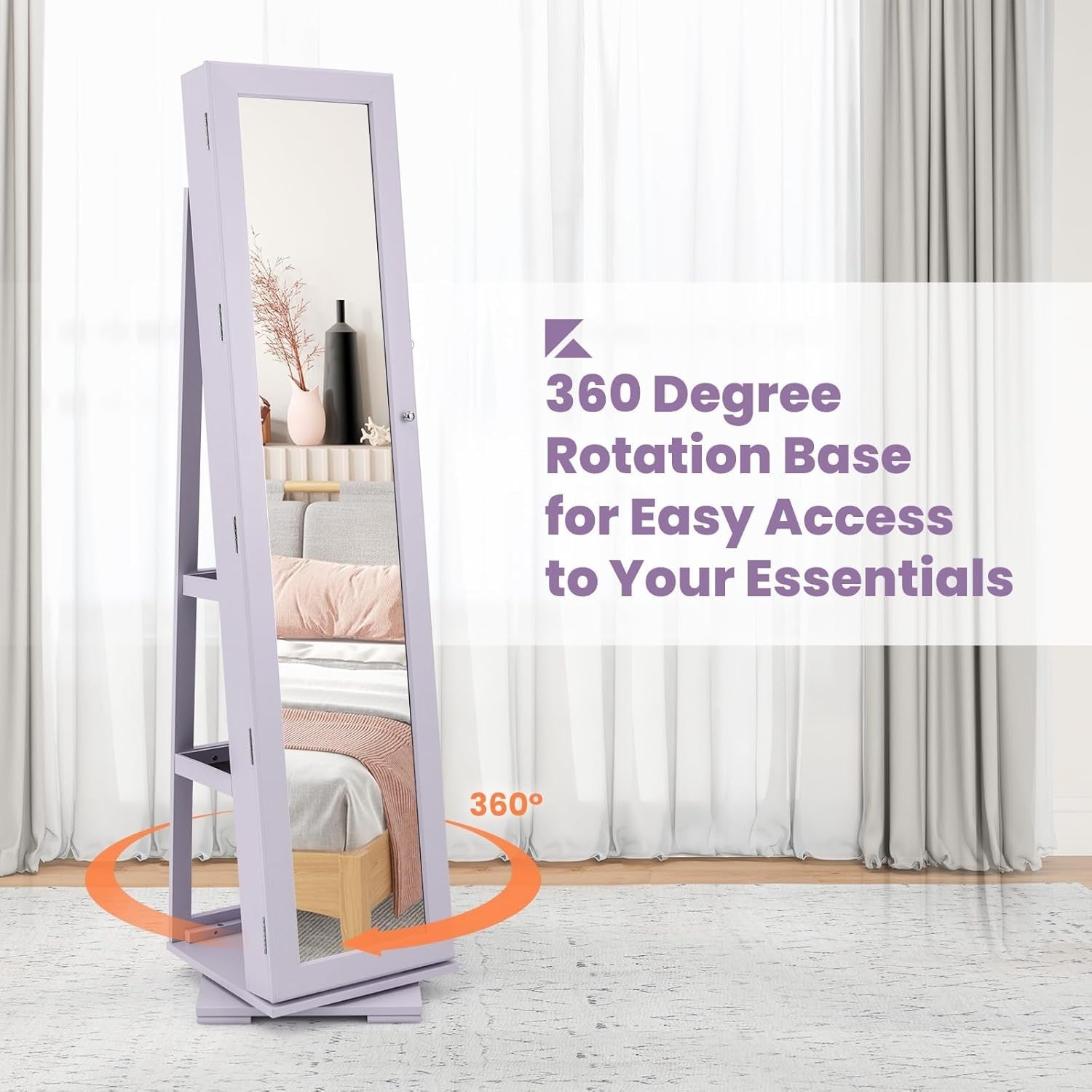 Purple 360° Swivel Jewelry Cabinet Mirror Lockable 3-in-1 Storage Stand