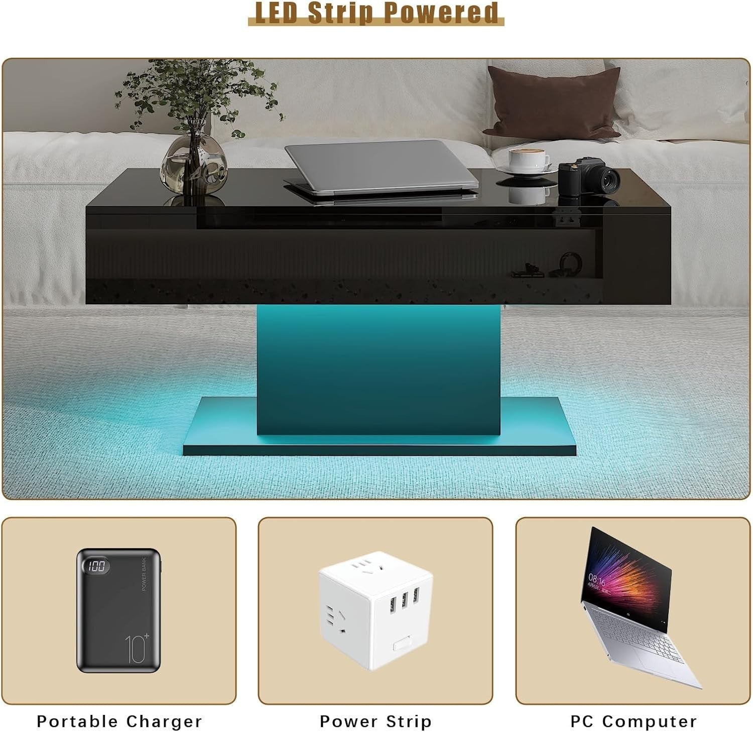 Modern LED Coffee Table with 2 Drawers, High Gloss Black 110x55cm