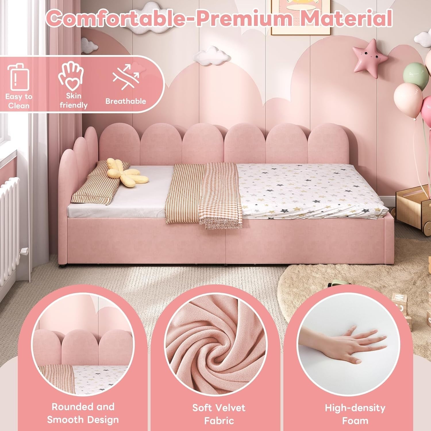 Pink Velvet Single Daybed Sofa Bed w/ Storage Drawers Kids Teen Room