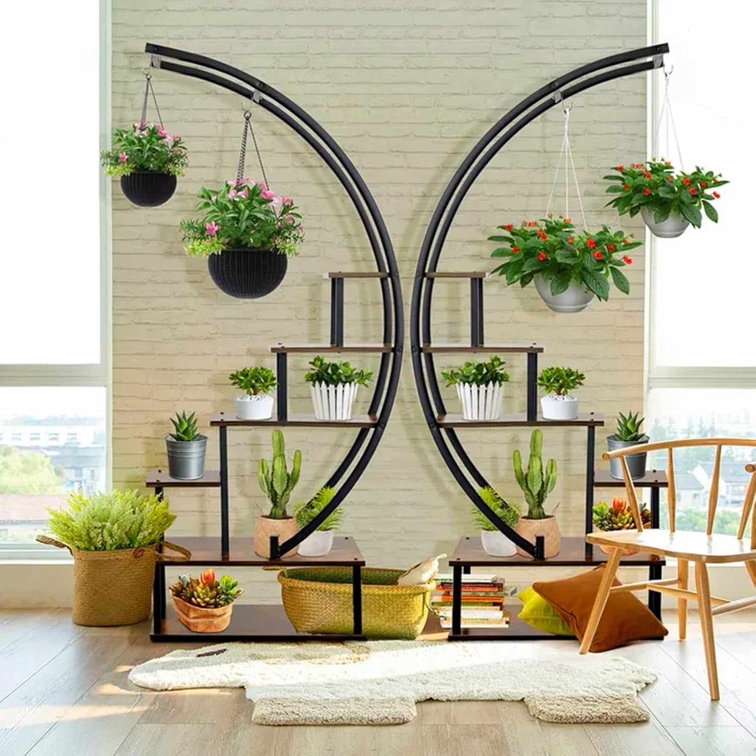2 Pc 6 Tier Half Moon Metal Plant Stand Set Indoor Outdoor Flower Shelf Rack