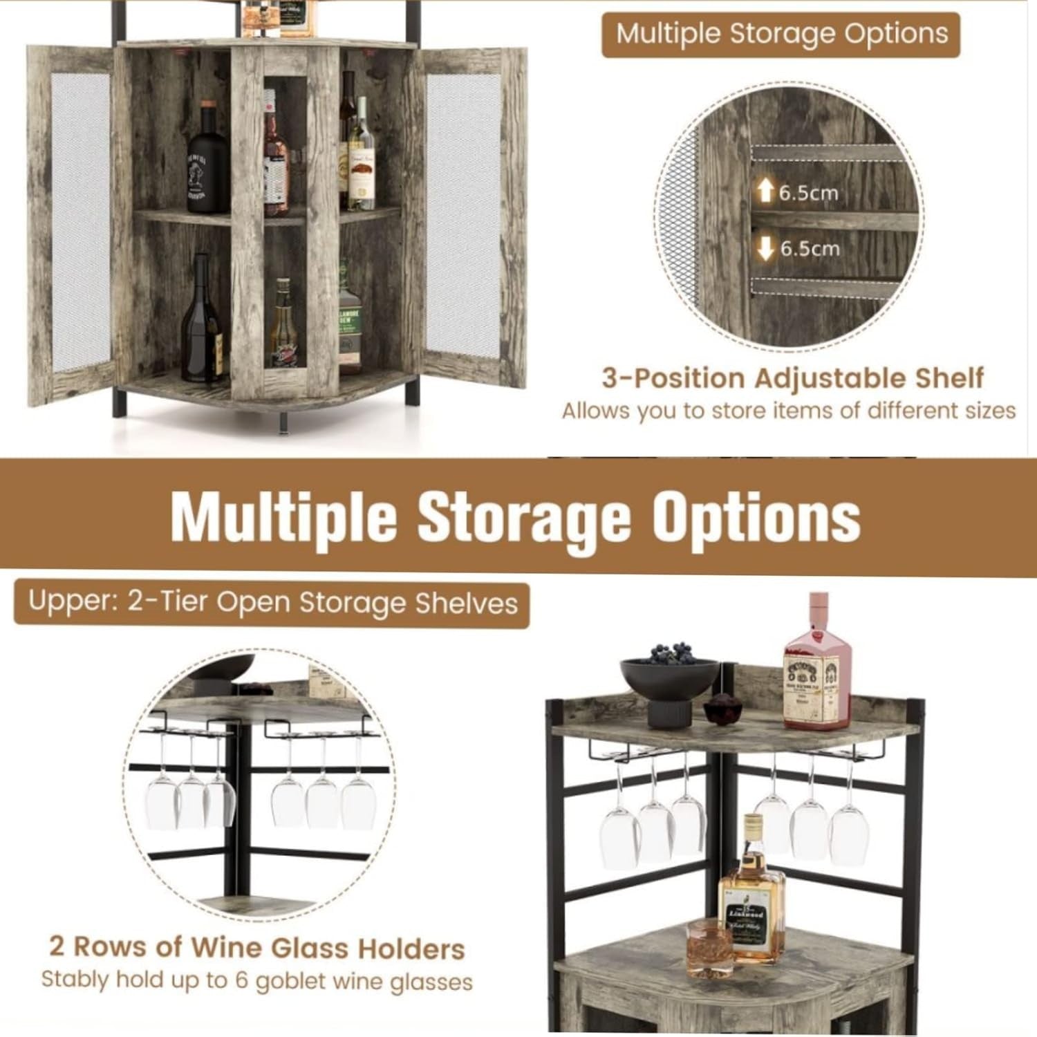 Corner Bar Cabinet with Wine Rack & Glass Holders, Industrial Oak Grey