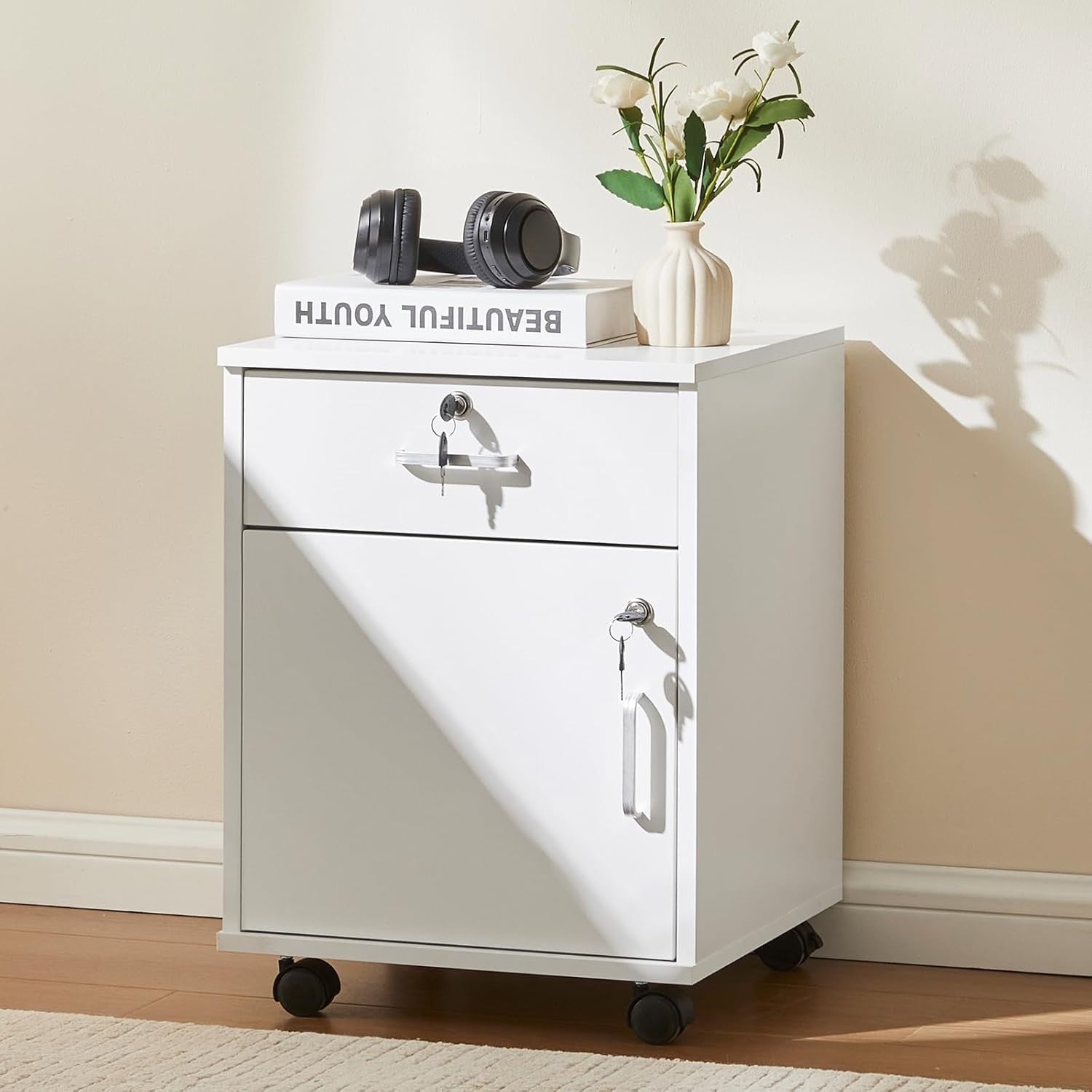 White Mobile File Cabinet 40cm Lockable Under Desk Office Storage
