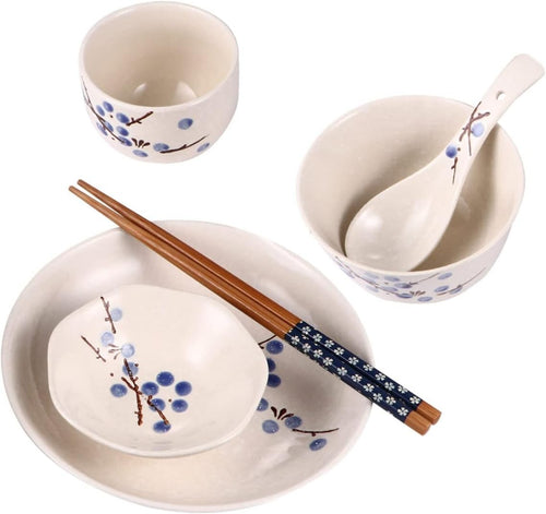 Japanese Style Ceramic Dinnerware Set for One Bowl Plate Cup Spoon