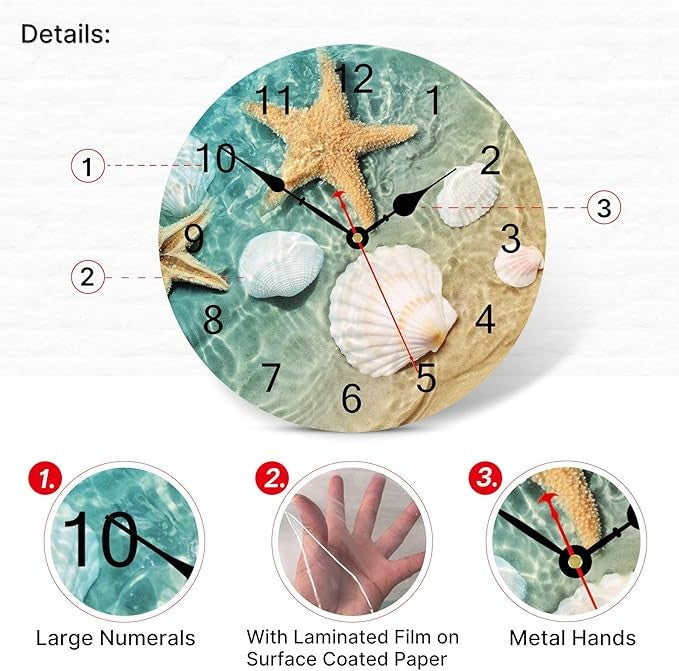 14" Seashell Starfish Wall Clock Silent Coastal Beach Ocean Home Decor