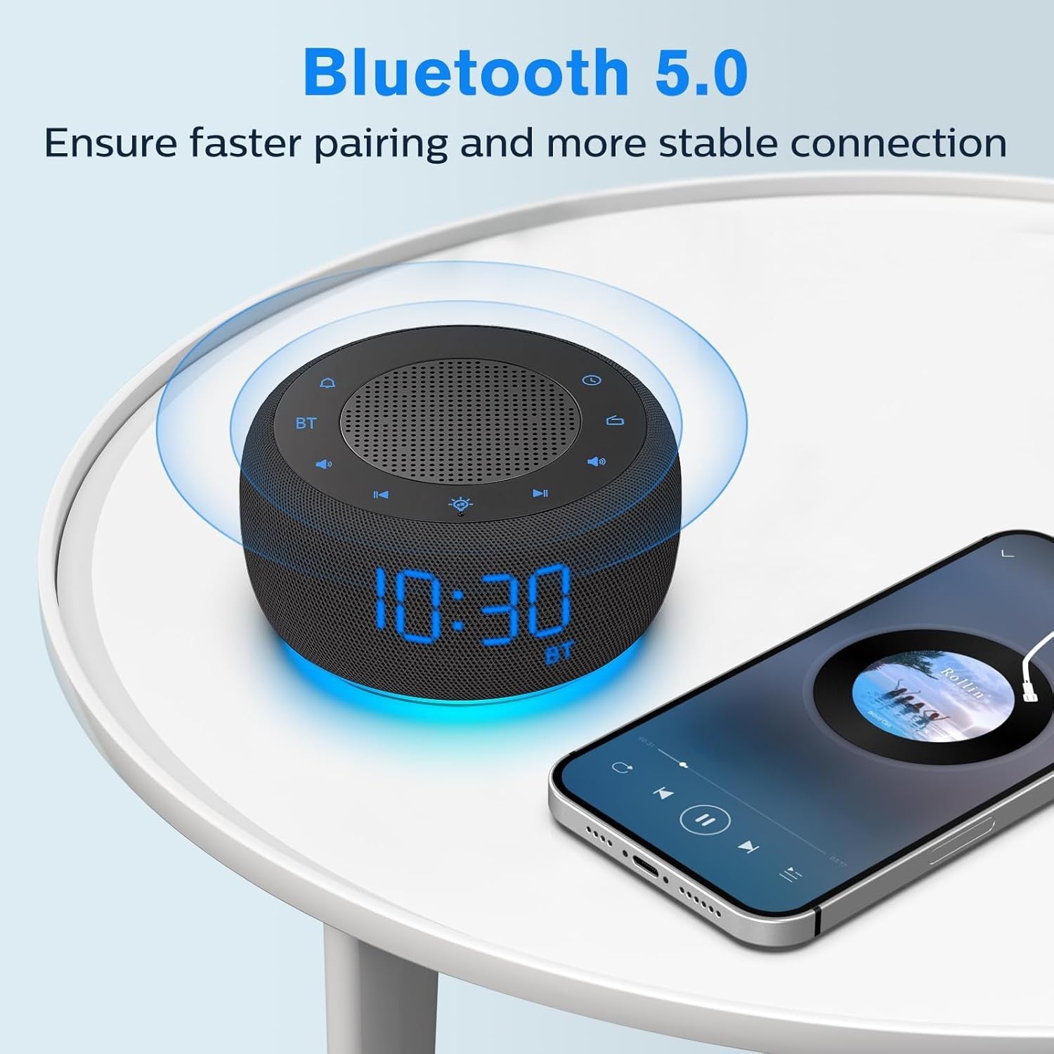Black Bluetooth Speaker Alarm Clock FM Radio LED Display Bedroom