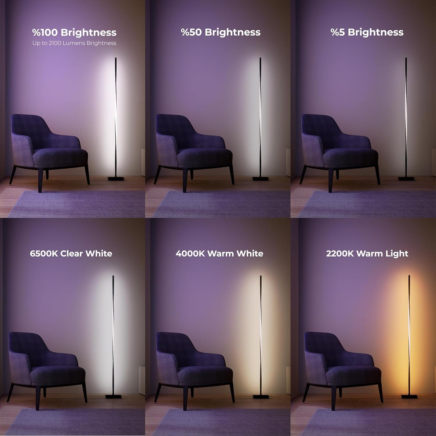 Modern LED Floor Lamp Dimmable Remote Control Standing Light Matte Black