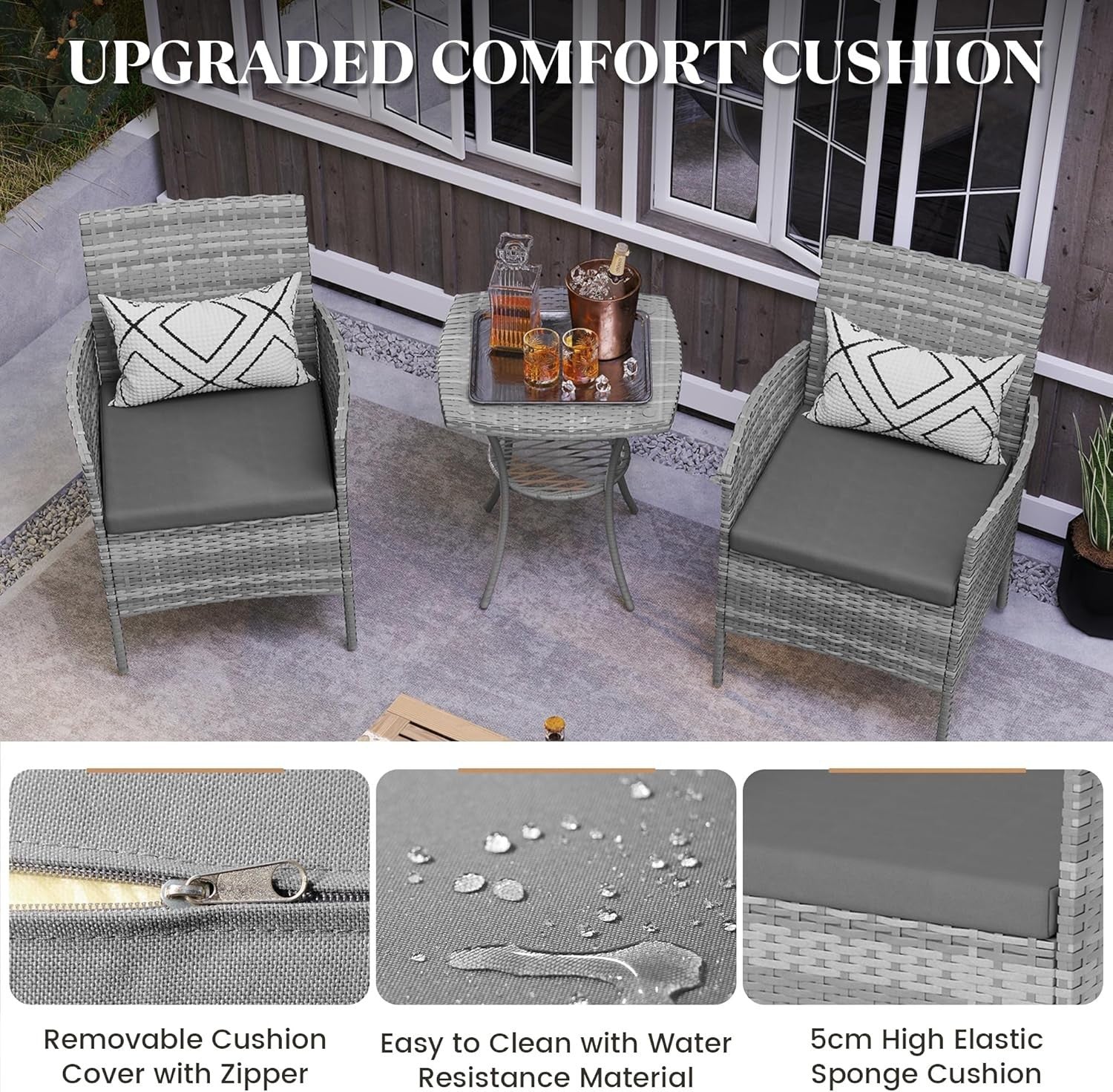 Outdoor Rattan Bistro Set 3PC | Waterproof Cushions | Small Garden Patio