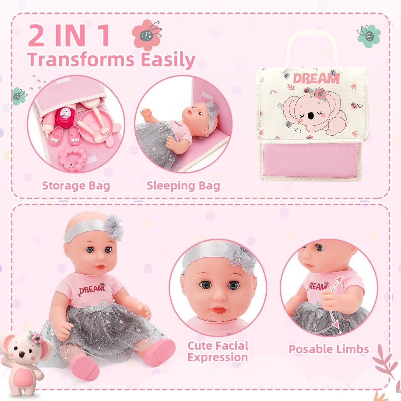 Baby Doll Stroller Playset with 14in Doll Cot Tent Accessories 25pcs