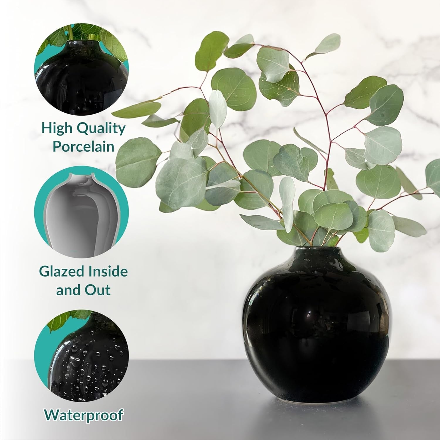 Black Ceramic Vase 7.5 Inch Glossy Porcelain Round Flower Centerpiece Decor
