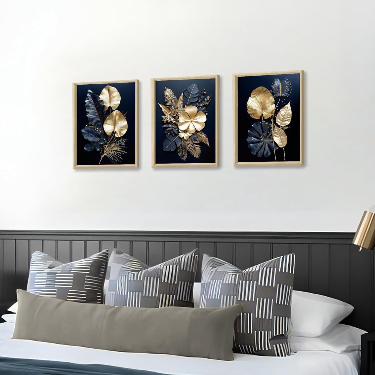 FajerminArt 3-Piece Canvas Wall Art 30x40cm Navy Gold Flowers
